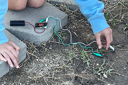 Students programming micro:bits to collect data on sunlight intensity, air temperature, and soil moisture across a campus to design solutions for extreme heat.