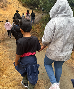 Students hiking with their buddies. 