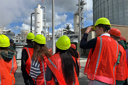 Students participating in a field trip to a local biomass conversion plant in Tulare County, CalGren renewable fuels.