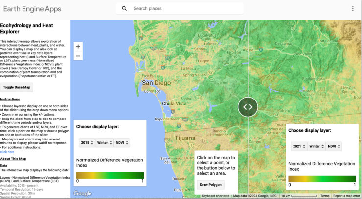 The Ecohydrology and Heat Explorer that teachers and students can use to generate maps of data on Land Surface Temperature (LST) and Normalized Difference Vegetation index (NDV).